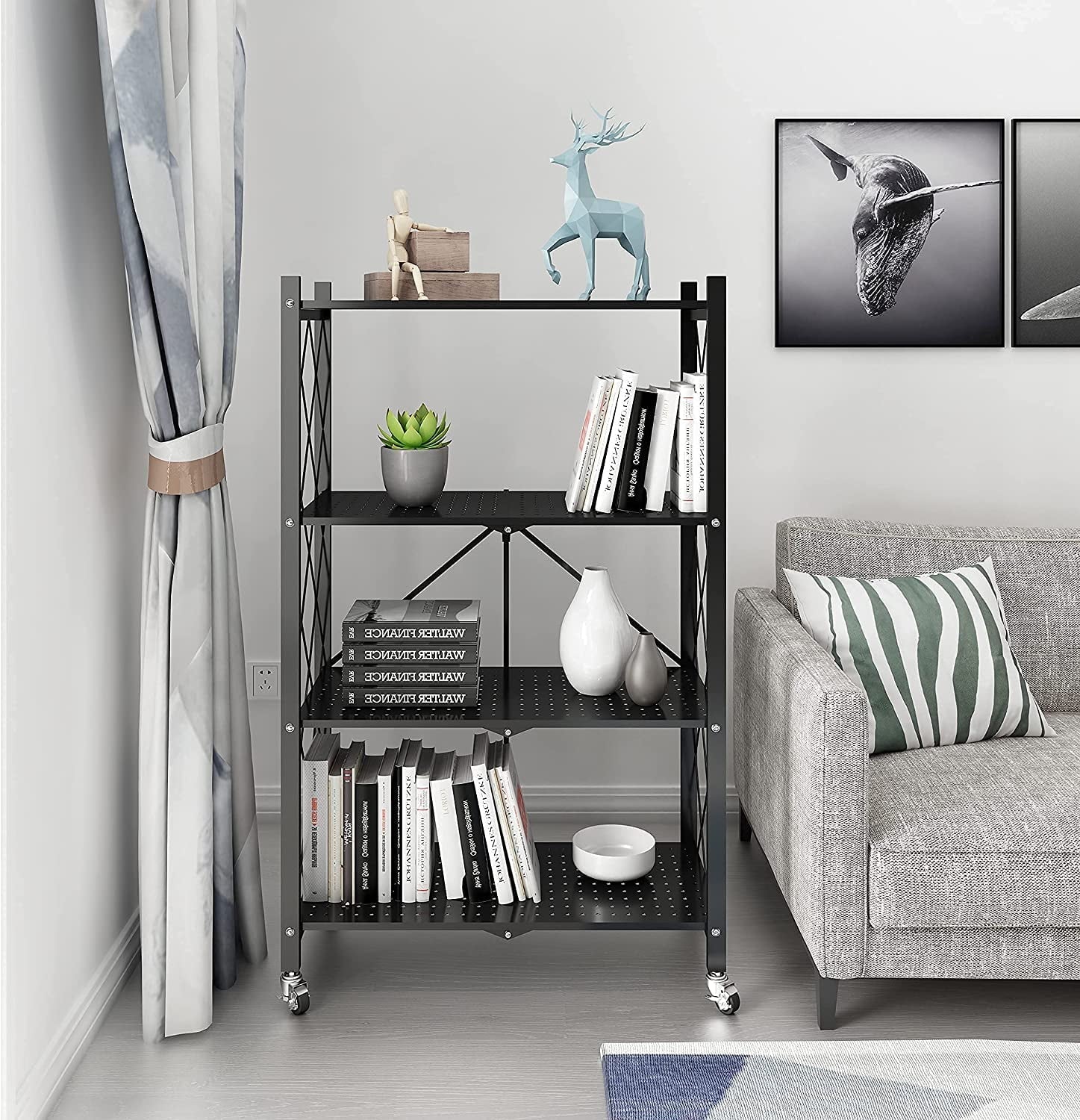 SUGIFT 4-Tier Foldable Storage Shelf, Heavy Duty Metal Shelf, Kitchen Shelf with 3 Hooks, Black