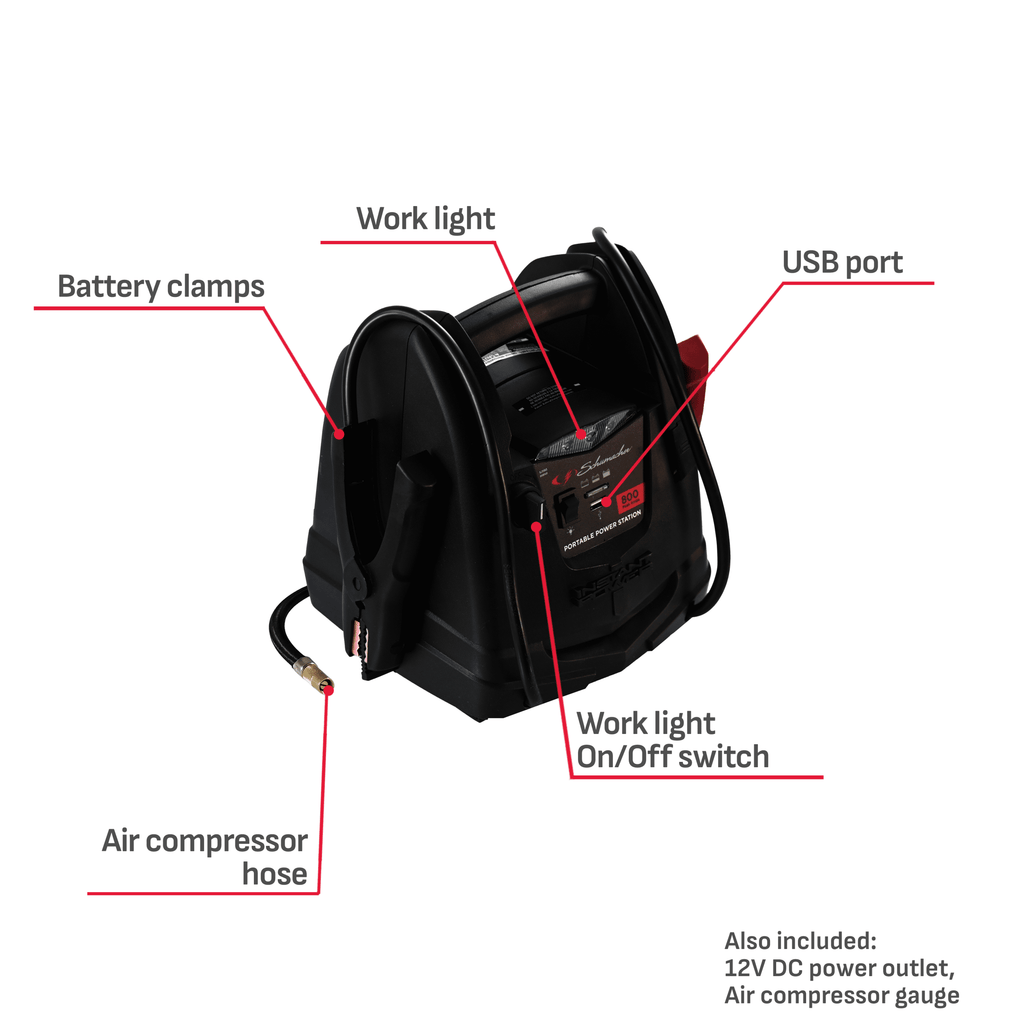 Schumacher SJ1583 Portable Power Station and 800 Peak Amp Jump Starter – 150-PSI Air Compressor – Works with Apple, Samsung, and Android Devices