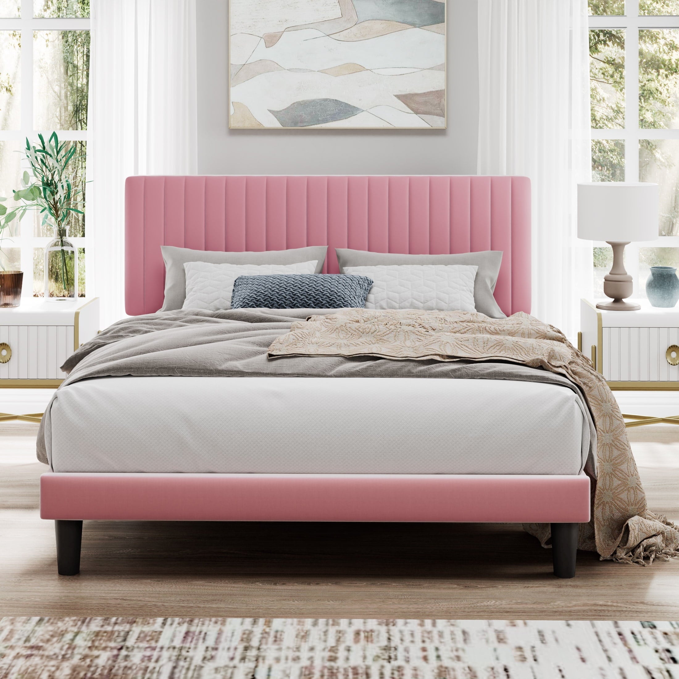 SHA CERLIN Pink Queen Size Upholstered Platform Bed Frame with Adjustable Channel Velvet Headboard, Adult