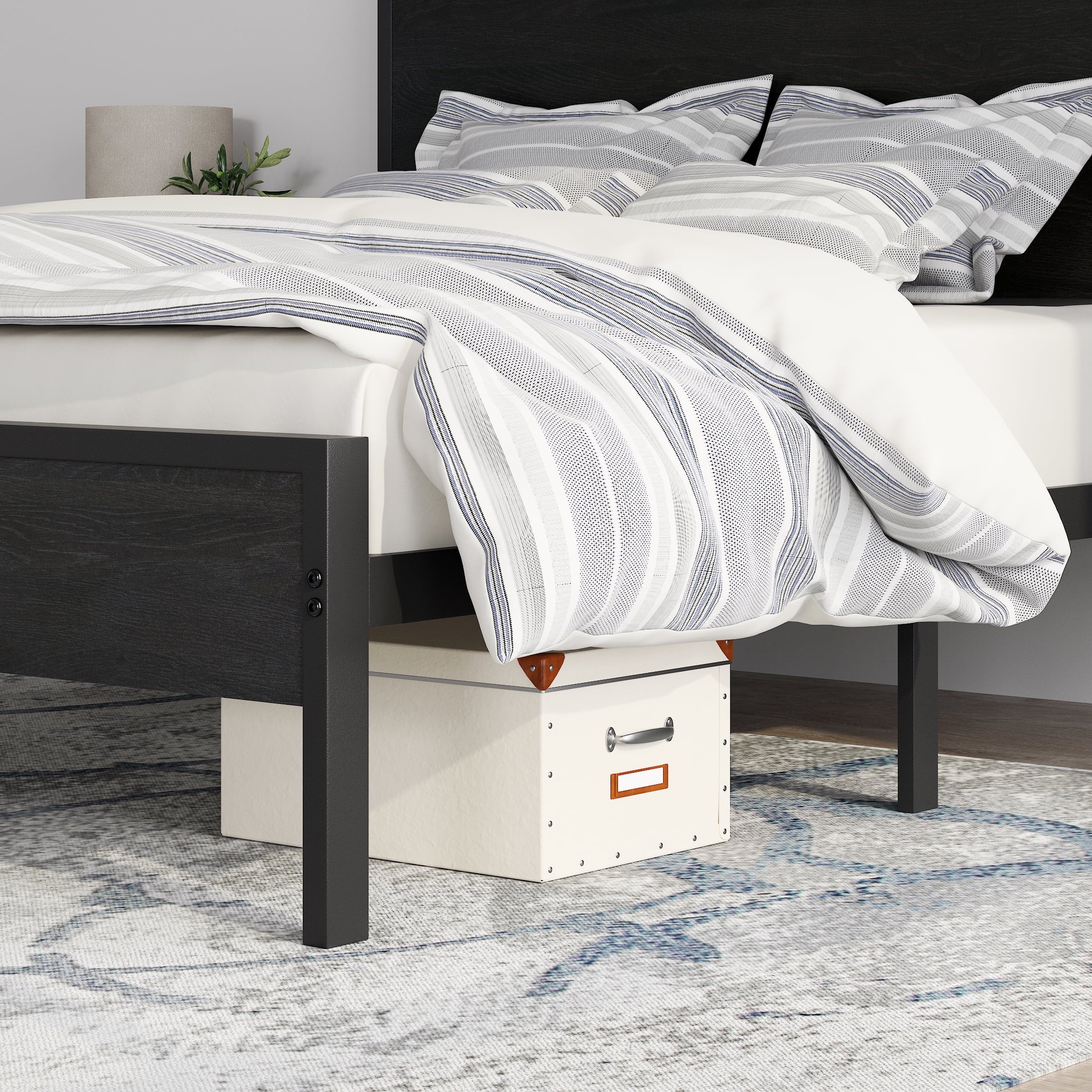 Allewie Queen Size Heavy Duty Bed Frame with Black Oak Headboard, Engineered Wood, 12'' Under Bed Storage