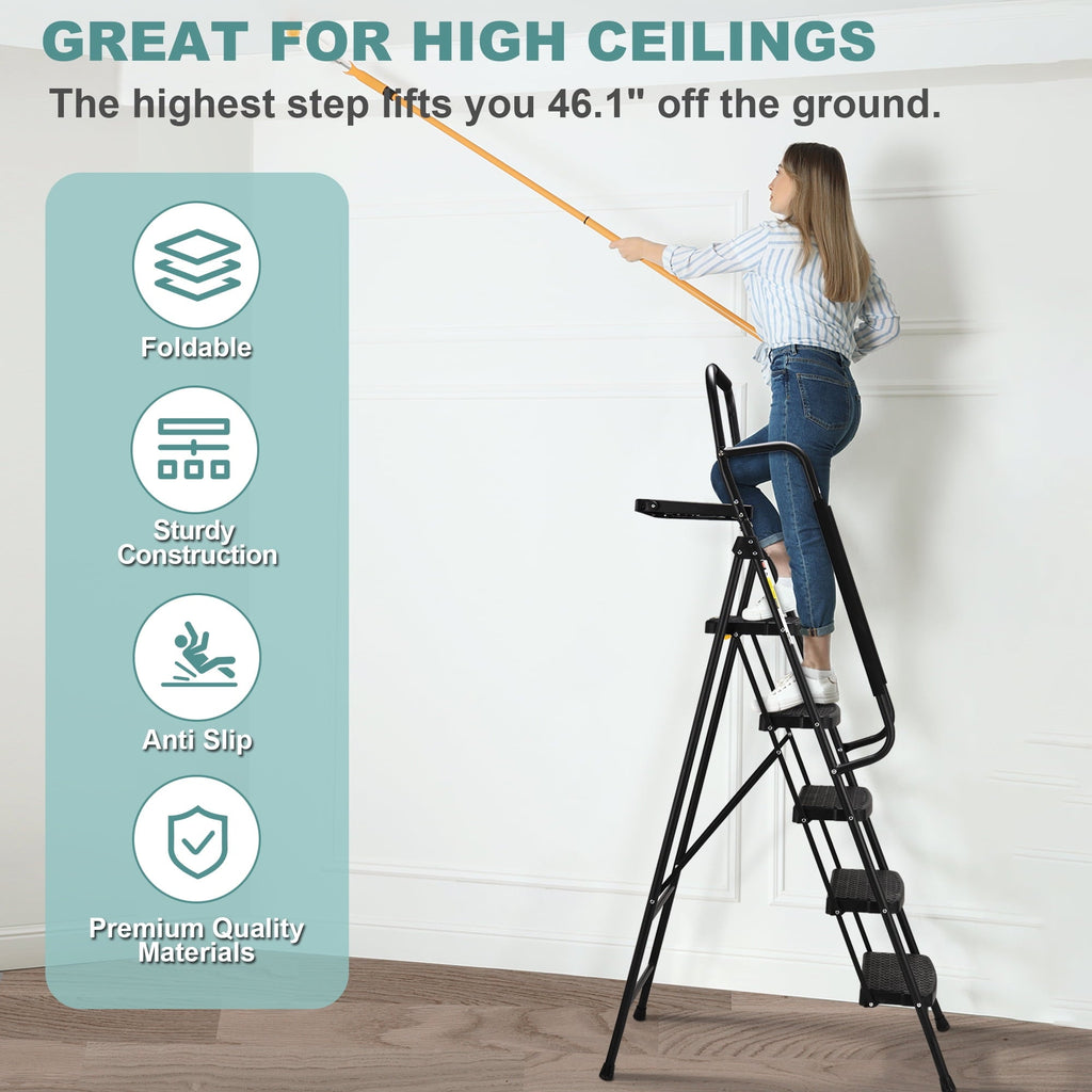 HBTower 5-Step Folding Step Stool Ladder with Handrails and Tool Platform, Load-bearing 330lbs, Wide Anti-Slip Pedal and Steel Ladder Handgrip, Black