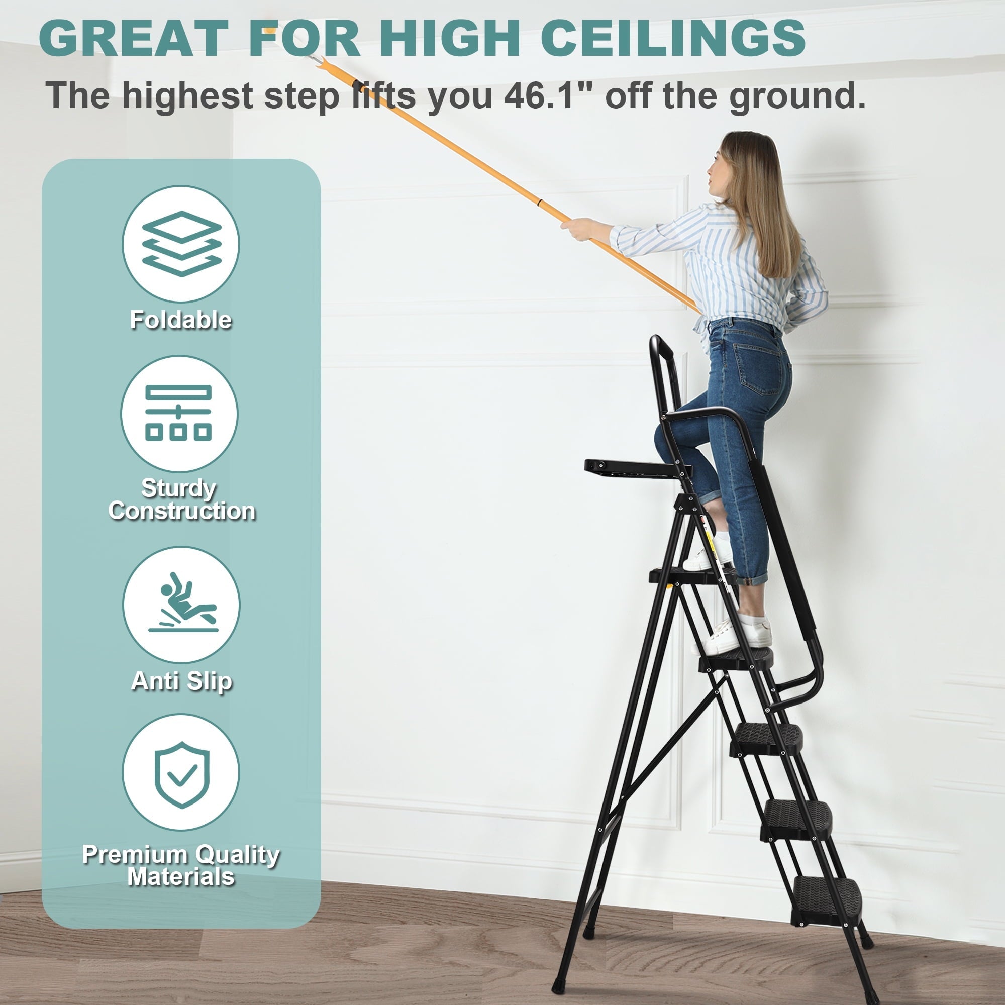 HBTower 5-Step Folding Step Stool Ladder with Handrails and Tool Platform, Load-bearing 330lbs, Wide Anti-Slip Pedal and Steel Ladder Handgrip, Black