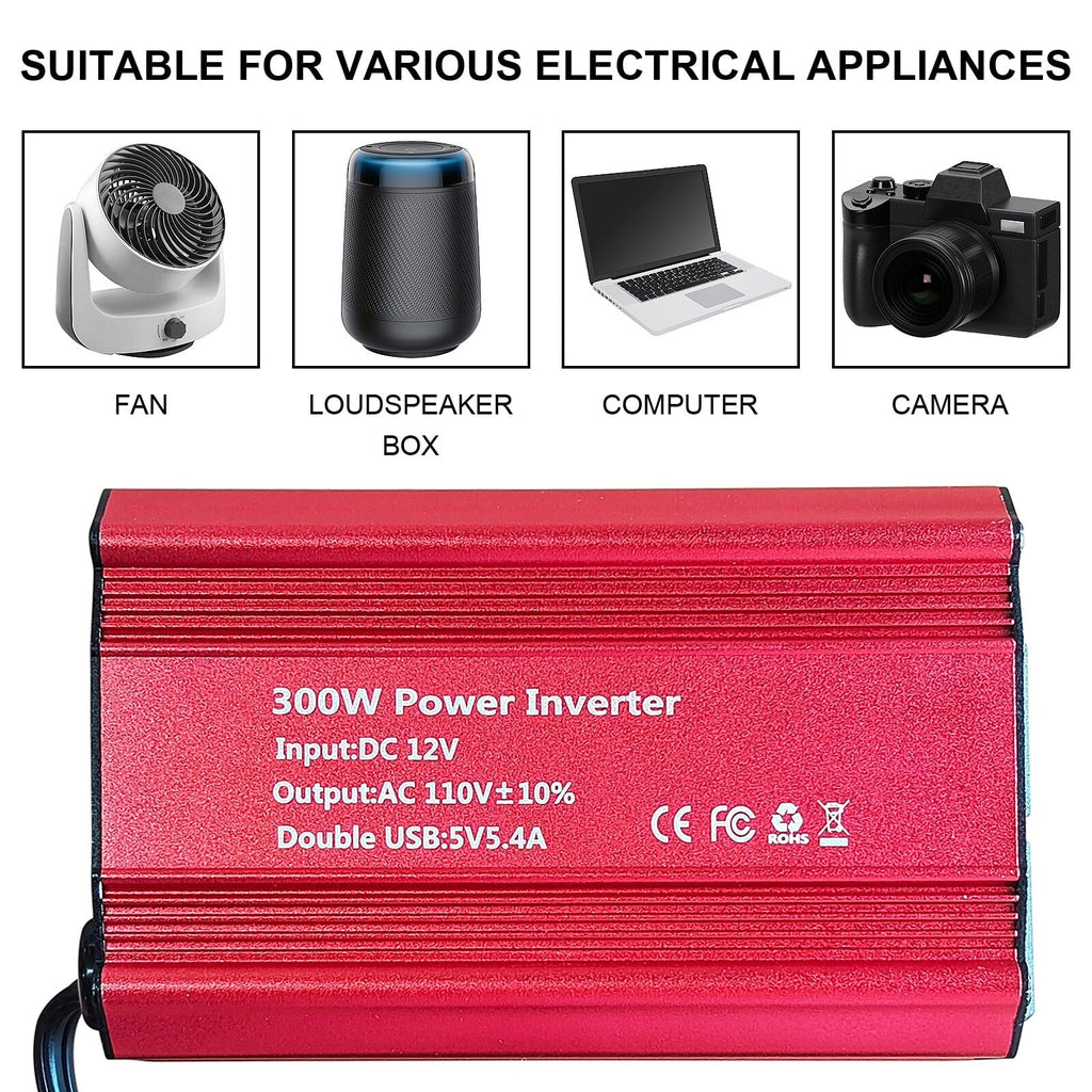 300W Car Power Inverter DC 12V to 110V AC, Car Plug Adapter Outlet with Dual USB and 2 AC Outlet, Car Charger for Laptop Computer