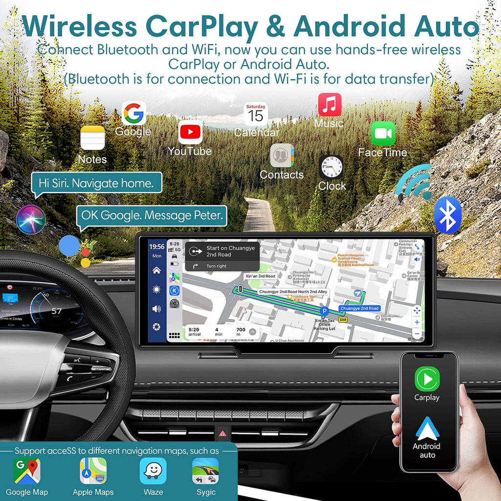 Wireless Carplay Android Auto Portable Car Stereo, 64G SD Card, 2.5K Dash Cam, Backup Camera, Bluetooth, GPS Navigation Car Radio, Bluetooth/FM Transmission, 10" Touchscreen Carplay Screen