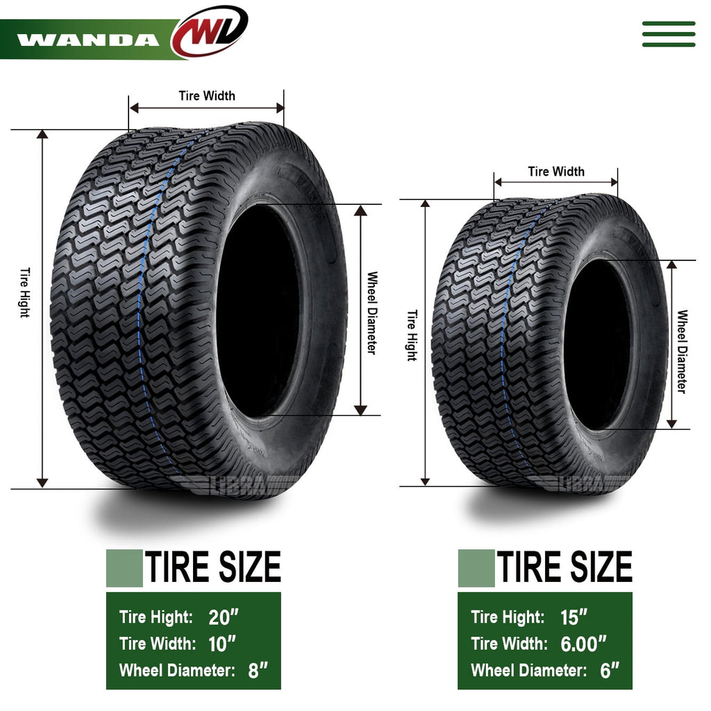 Set of 4 New Lawn Mower Turf Tires 15x6-6 Front & 20x10-8 Rear /4PR -13016-13040
