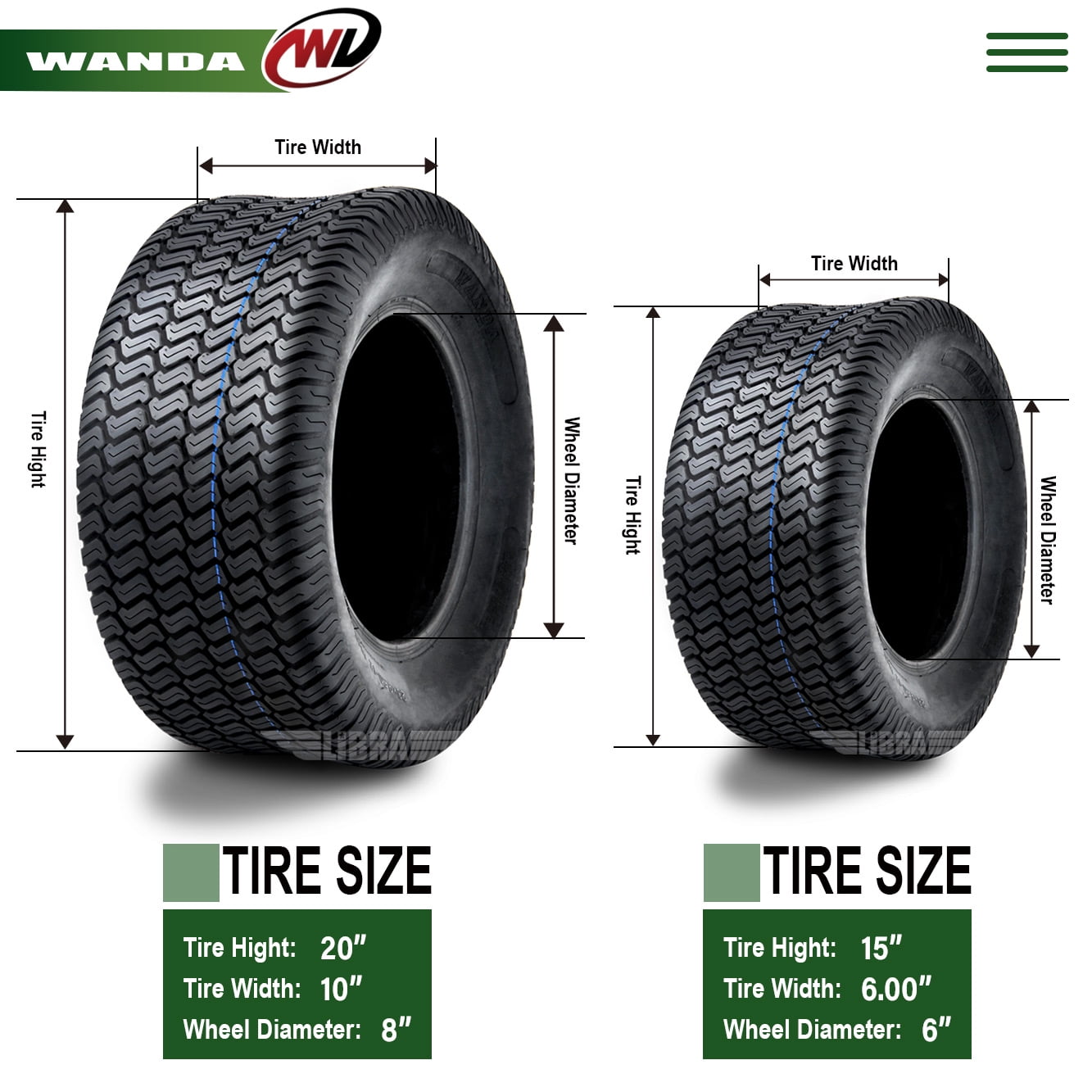 Set of 4 New Lawn Mower Turf Tires 15x6-6 Front & 20x10-8 Rear /4PR -13016-13040