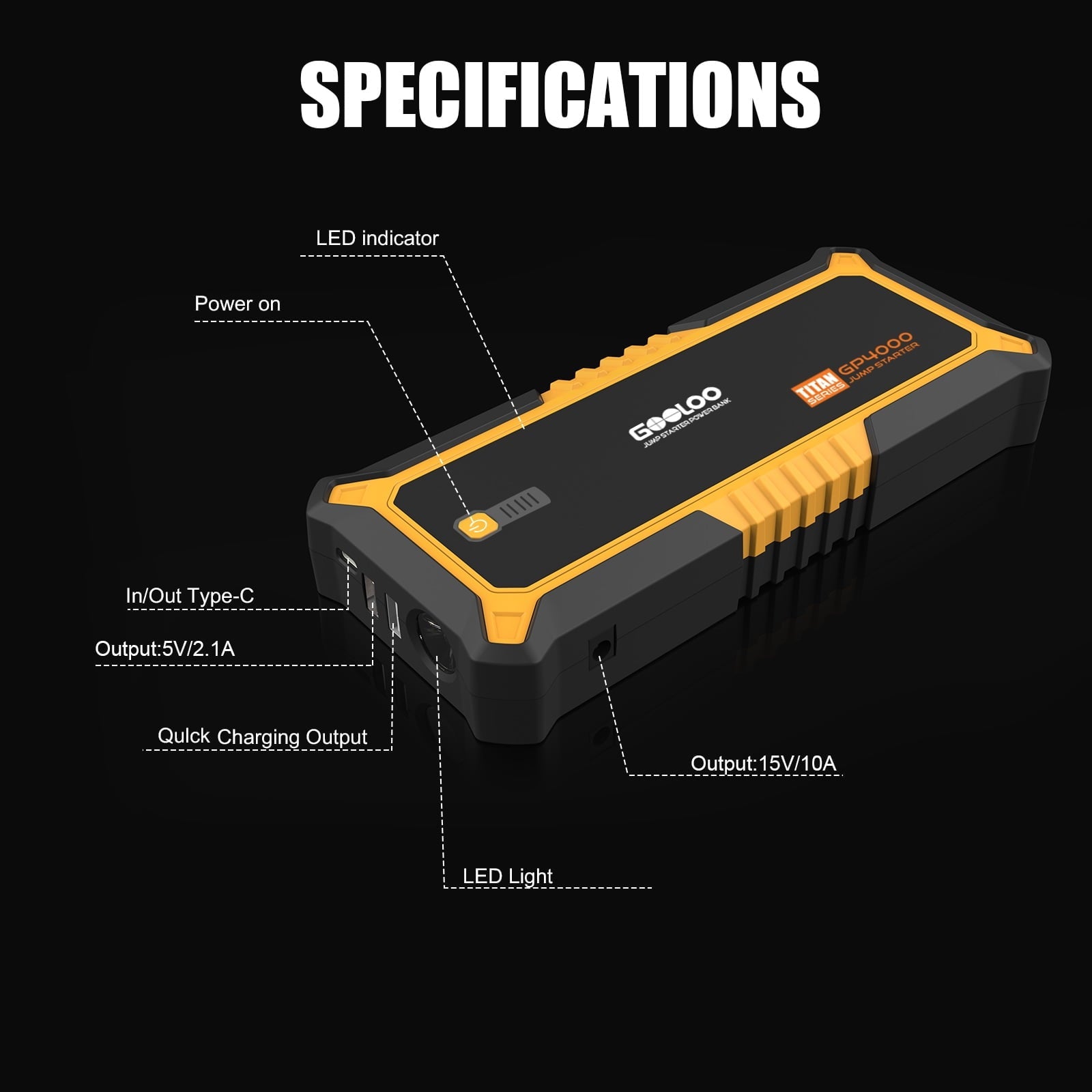 GOOLOO Car Jump Starter,4000A Peak 12V Battery Jumper Pack for All Gas and Up to 10.0L Diesel Engine,SuperSafe Lithium Portable Jump Box Battery Booster Box with USB Quick Charge and Type C Port