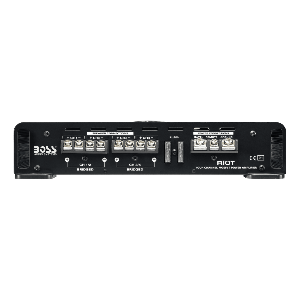 BOSS Audio Systems R2504 Riot Series Car Audio Amplifier - 1000 High Output, 4 Channel, Class A/B, 2/4 Ohm, High/Low Level Inputs, High/Low Pass Crossover, Bridgeable, Full Range