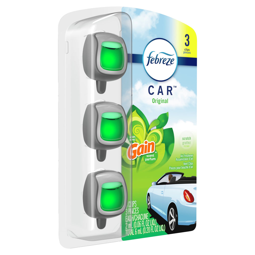 Febreze Car Odor-Fighting Car Freshener Vent Clip Gain Original Scent, .06 oz, Pack of 3