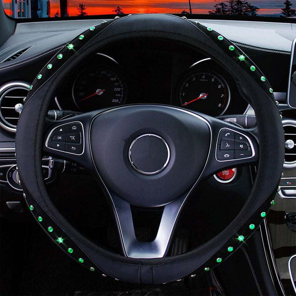PWFE Universal 15 Inch Diamond PU Leather Steering Wheel Cover with Bling Bling Crystal Rhinestones(Black1)