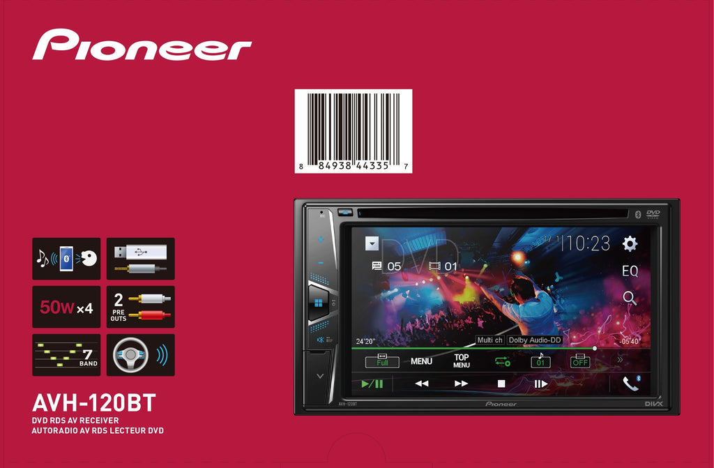 Pioneer AVH-120BT Multimedia Receiver with 6.2 Inch WVGA Touchscreen Display and Built-in Bluetooth for Hands-free Calling and Audio Playback | Double DIN | DVD / MP3 / CD Player
