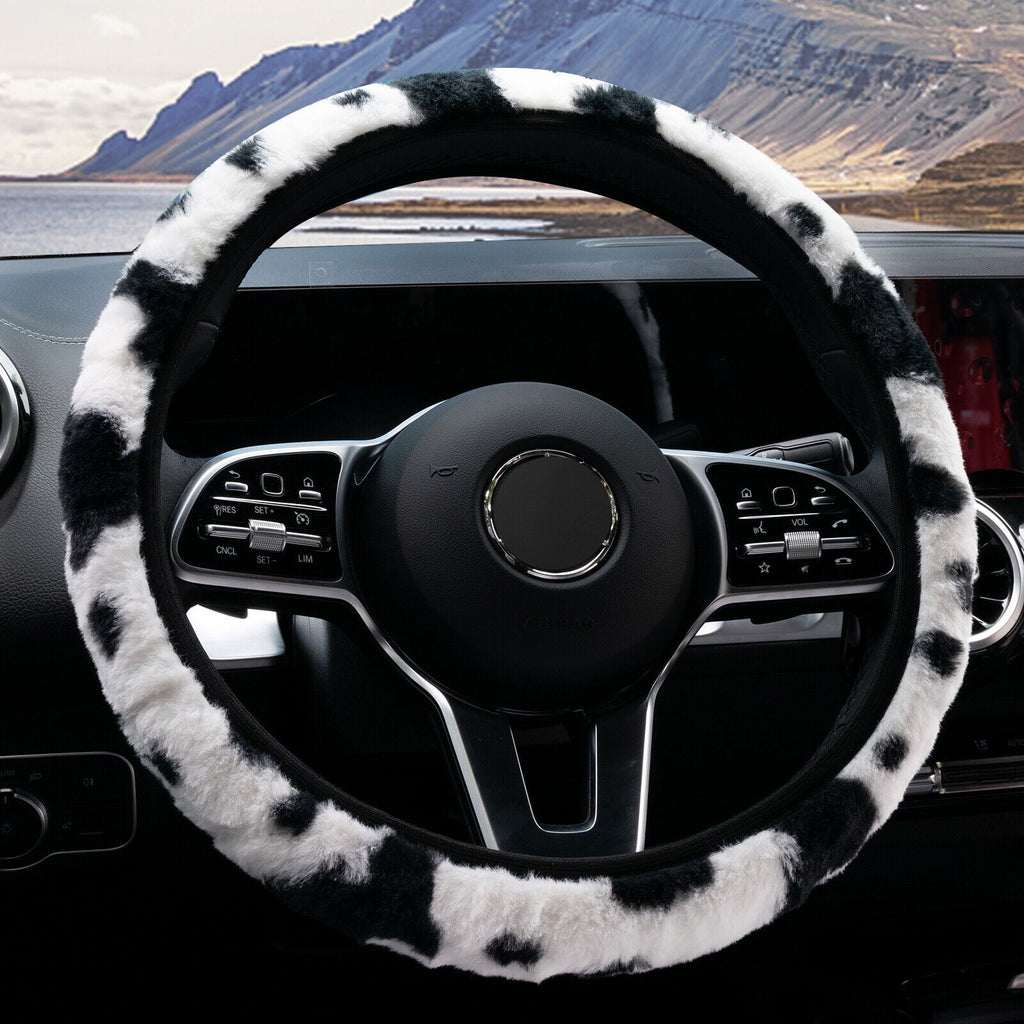 Cow Pattern Plush Car Steering Wheel Cover Protector Anti Slip Milk Cow Print Pattern Fuzzy Universal Fit For 14.5-15 Inches