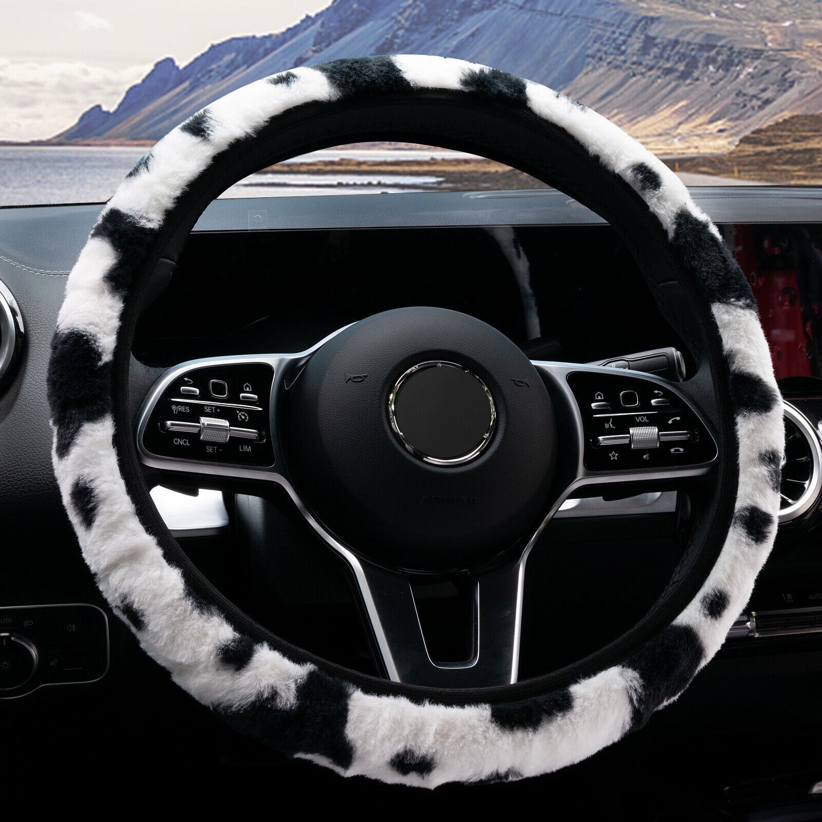 Cow Pattern Plush Car Steering Wheel Cover Protector Anti Slip Milk Cow Print Pattern Fuzzy Universal Fit For 14.5-15 Inches