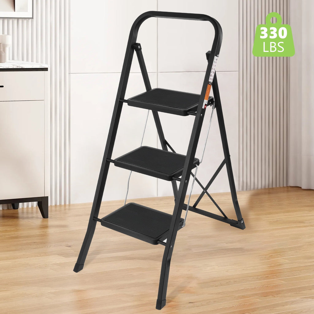 Coolhut 3 Step Ladder, Folding Step Stool with Wide Anti-Slip Pedal, 330lbs Capacity Portable Lightweight Ladders for Home Kitchen Outdoor, Black