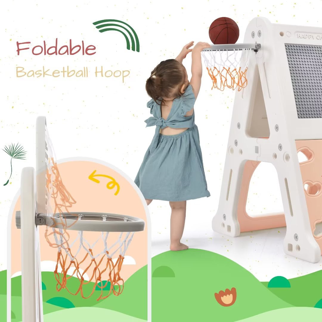 Climbing Toys for Toddlers 1-3, 5 in 1 Toddler Climber Basketball Hoop Set, Kids Playground Climber Playset with Tunnel,Climber,Whiteboard,Toy Building Block Baseplates,Combination for Babies,Pink