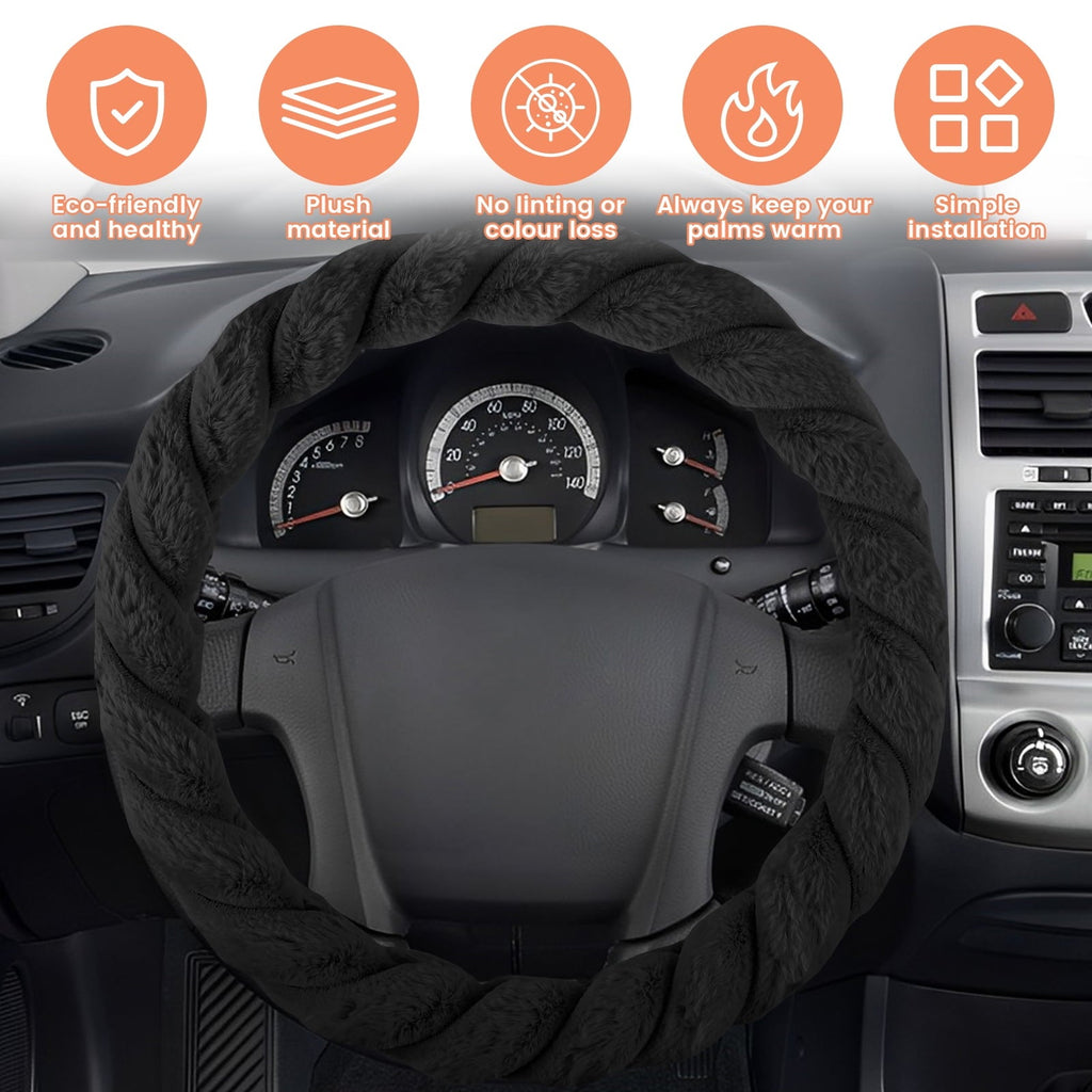 HCQXNSL Black Steering Wheel Cover Plush Steering Wheel Protector Soft Warm Car Covers Fashion Pure 38cm in Diameter for Men and Women