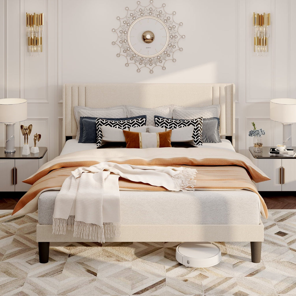 Aiho Queen Bed Frame with Wingback Headboard, Beige