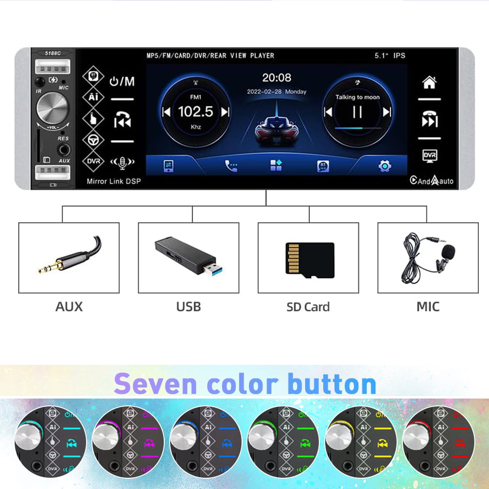 Podofo Single Din 5.1'' Car Stereo Radio Apple Carplay Android Auto Touch Screen Car Multimedia MP5 Player Bluetooth Mirror Link FM USB, with Back Up Camera