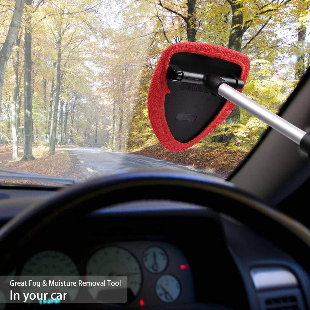 AutoEC Windshield Cleaner Car Window Cleaner Cleaning Tool with Extendable Handle and 2 Reusable Removable Coral Cap, Car Wash Brush, Red