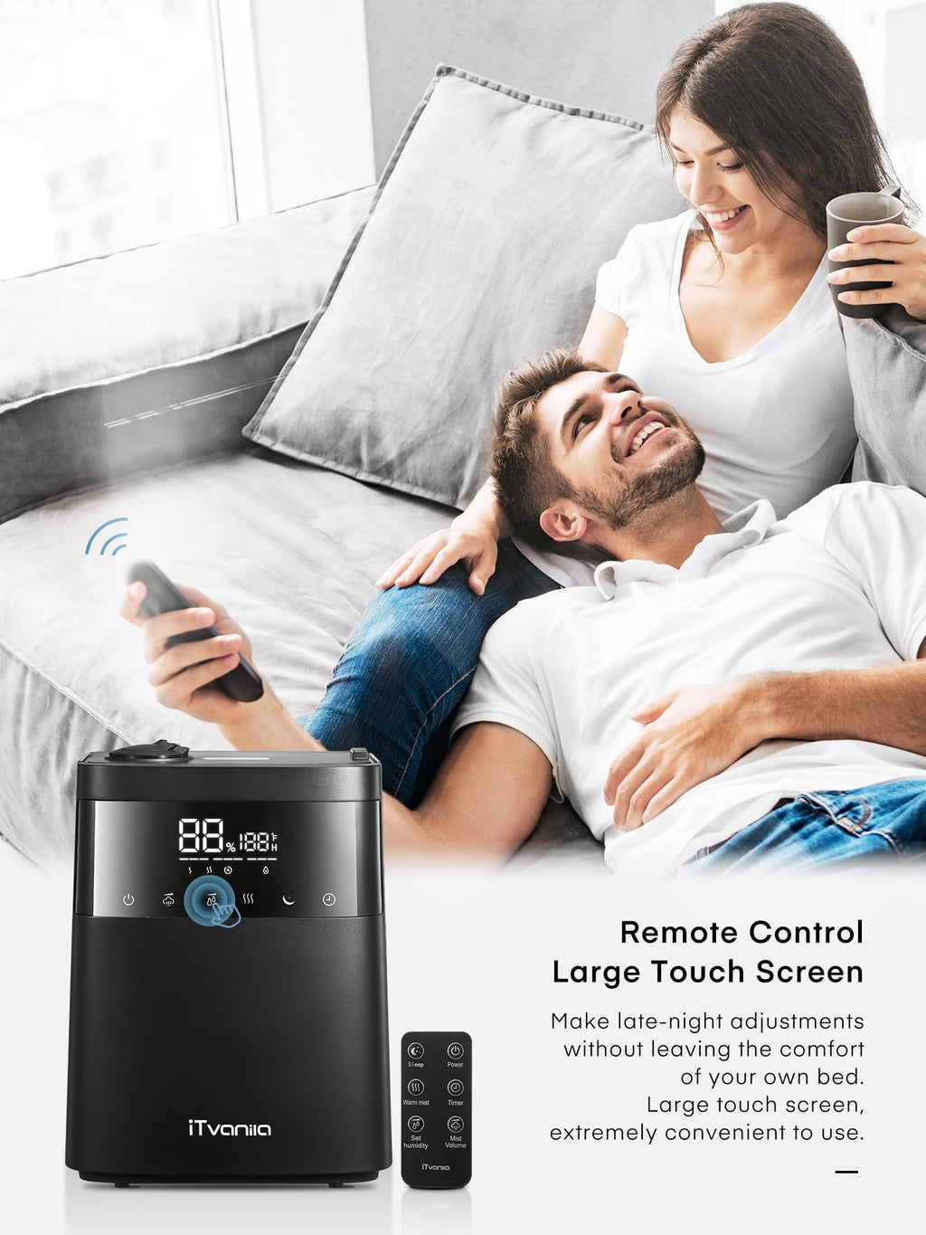 iTvanila Humidifiers, 5.5L Warm and Cool Mist Humidifier for Bedroom with Customized Humidity, Essential Tray, Sleep Mode, and 12H Timer, for Living Room, Office and Baby Room (Black)
