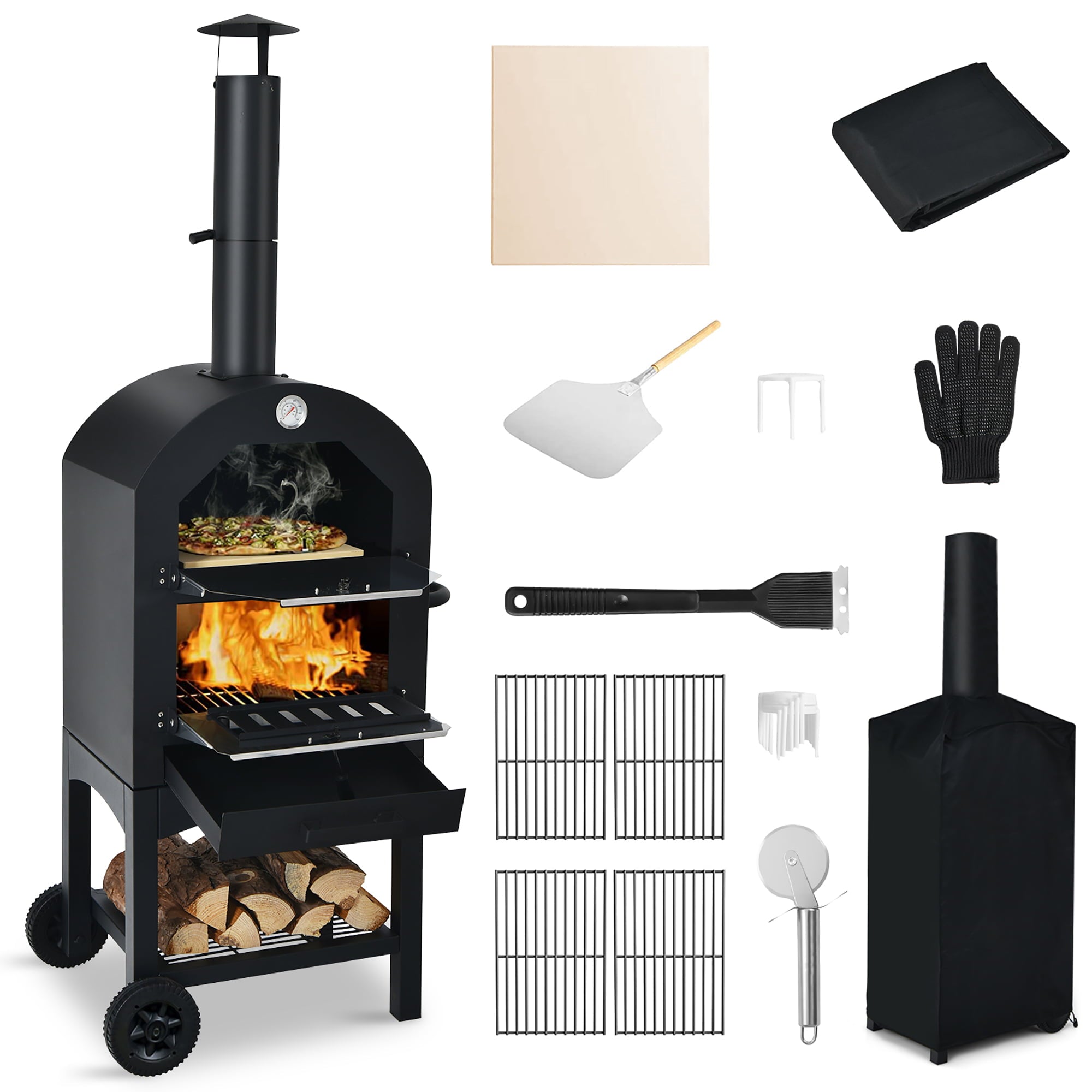 Costway Outdoor Pizza Oven Wood Fire Pizza Maker Grill w/ Pizza Stone & Waterproof Cover