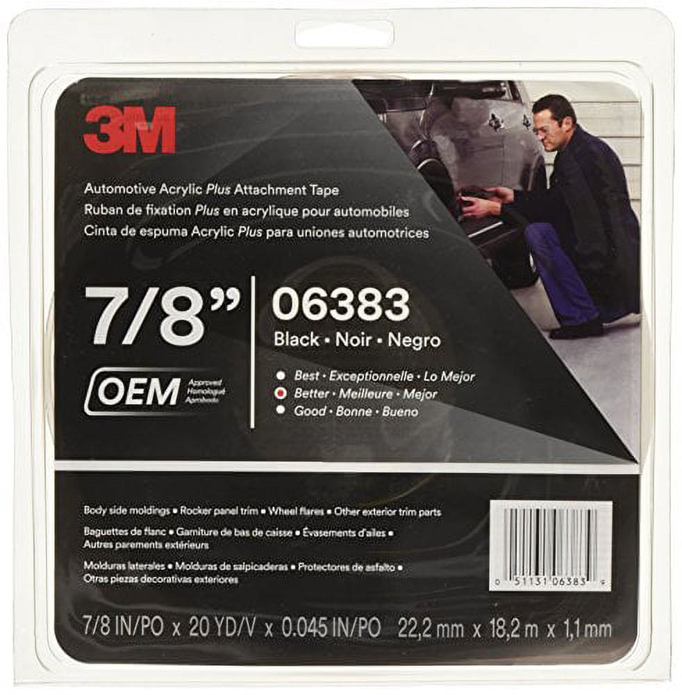 3m 06383 Automotive Acrylic Plus Attachment Tape, Black, 7/8" X 20 Yds.