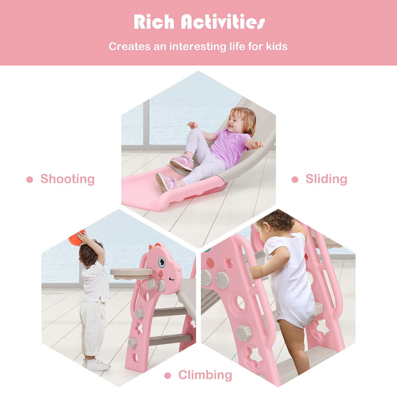 REIDIU 3 in 1 Slide for Kids, Toddler Slide Climber Set for Indoor Outdoor, Freestanding Game Slide with Extra Long Slipping Slope, Basketball Hoop and Ball for Boys & Girls (Pink)
