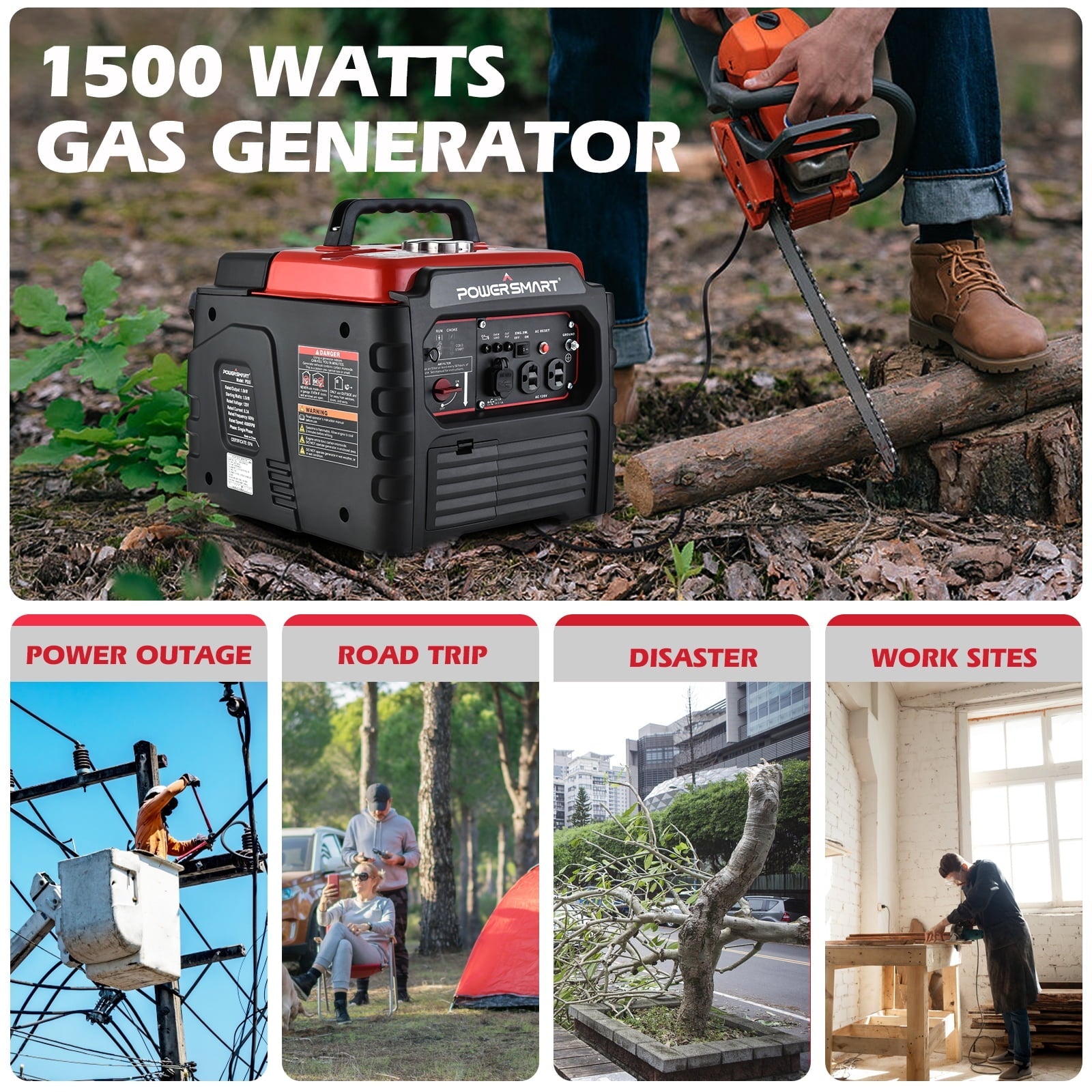 PowerSmart 1500 Watt Portable Gas Power Generator for Outdoor Camping and Home Use, Inverter Generator , PS55