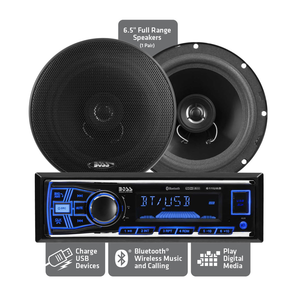 BOSS Audio Systems 638BCK Car Stereo Package with Single Din Stereo and Speakers