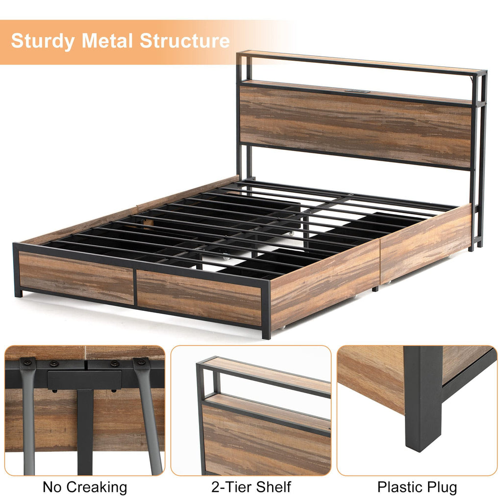 Queen Size Bed Frame with LED Lights Headboard & Storage Drawers - Metal Platform Bed with Power Outlet and USB Ports(Brown-Queen)