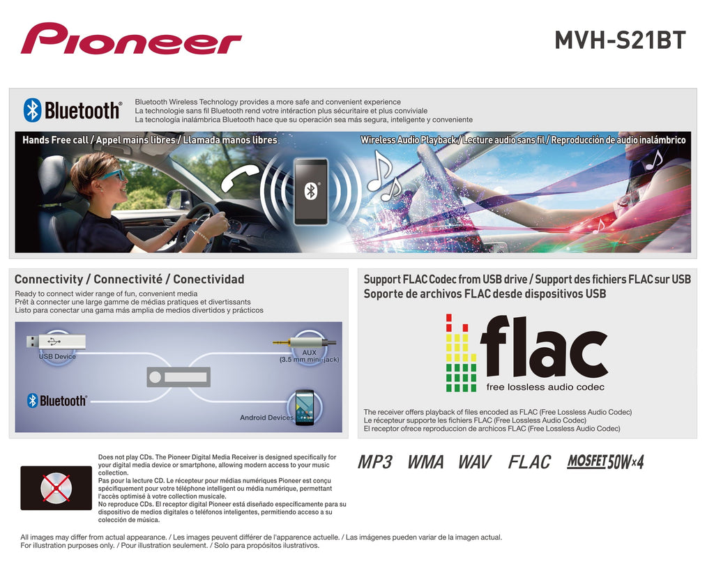 Pioneer MVH-S21BT Digital Media Receiver, Single DIN, In-Dash