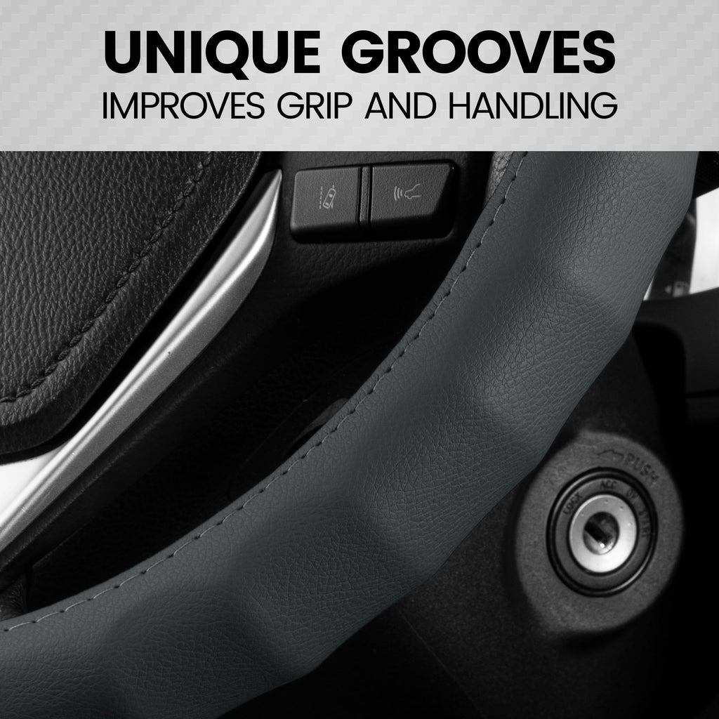 BDK Leather Car Steering Wheel Cover 14.5"-15.5" (Medium/Gray) -Universal Fit, Easy Installation