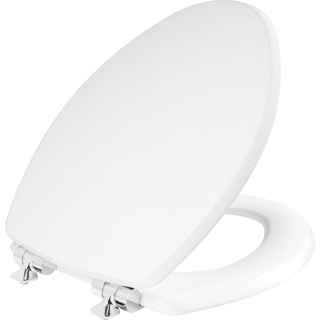 Mayfair Benton? Elongated Enameled Wood Toilet Seat in White with STA-TITE? Seat Fastening System? and Whisper•Close? Chrome Hinge