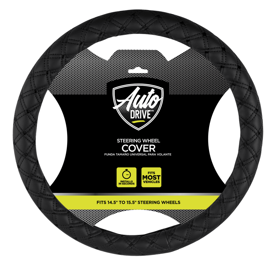 Auto Drive 1PC Car Steering Wheel Cover Diamond Quilt Black - Universal Fit