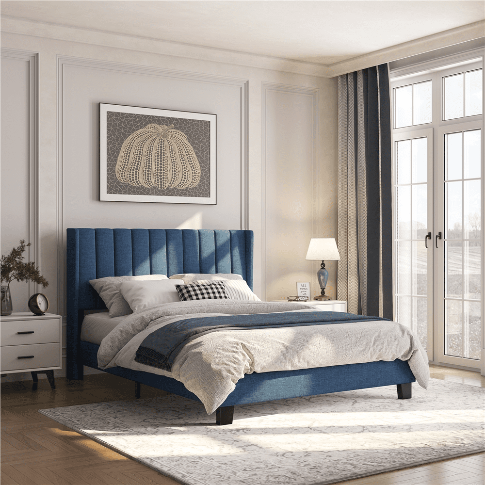 Topeakmart Queen Platform Bed with Upholstered Headboard & Mattress Foundation, Navy Blue