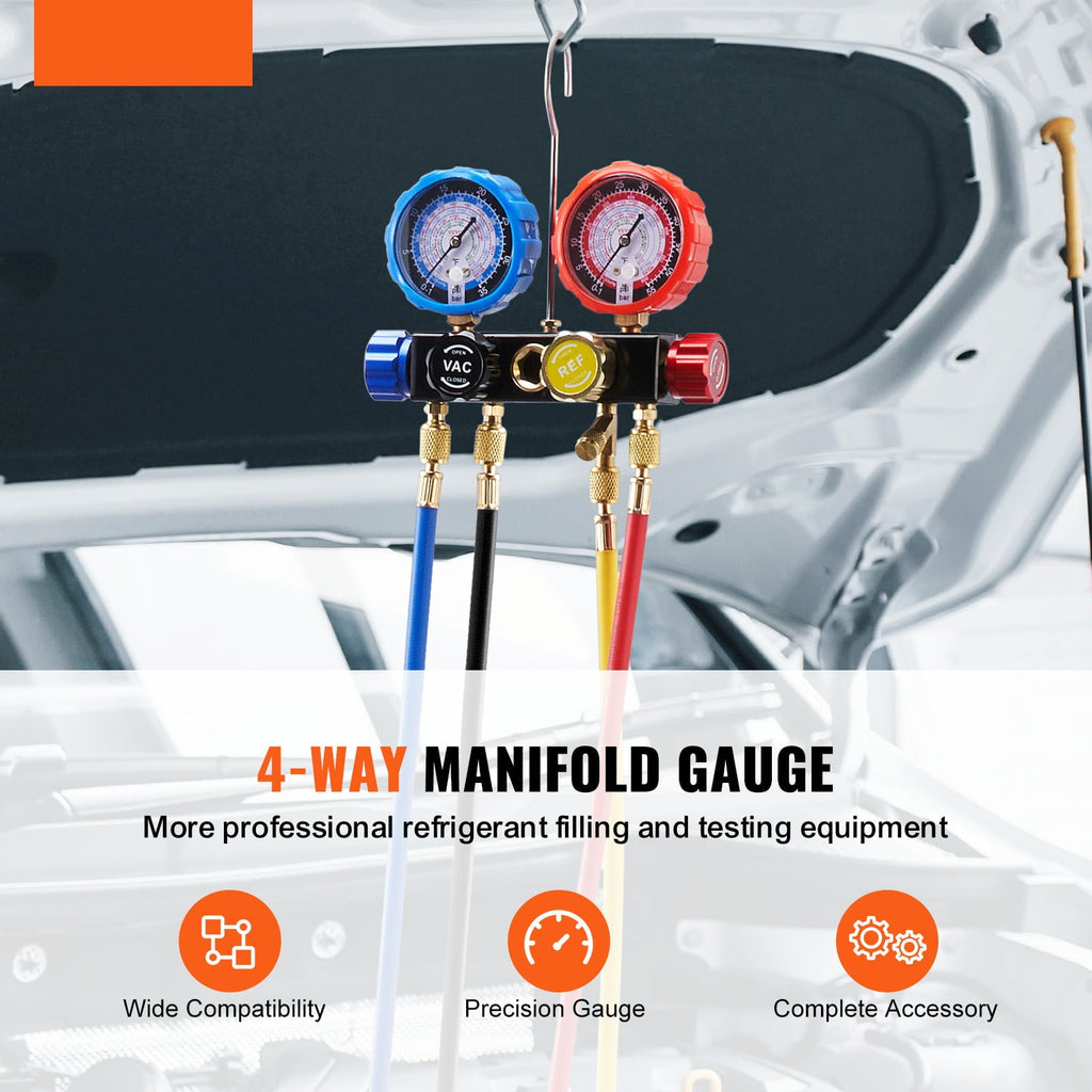 BENTISM 4-Way AC Manifold Gauge Set Fit R134A R22 R12 R502 Refrigeration Charging with Portable Case 4PCS Hoses for Air-Conditioning Refrigerator Maintenance