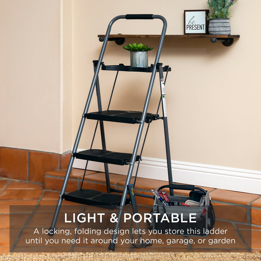 Best Choice Folding Steel 3-Step Stool Ladder Tool Equipment w/ Hand Grip, Wide Platform Steps, 330lbs Capacity