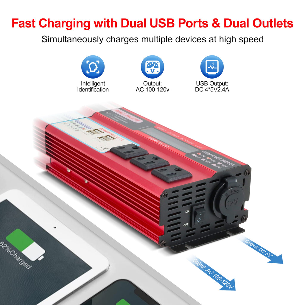 Yyton 1000W Car Power Inverter, Modified Sine Wave Inverter DC 12V to AC 110V AC Converter with LCD Display, 4x2.4A USB Ports Car Charger, 1 Cigarette Lighter Ports