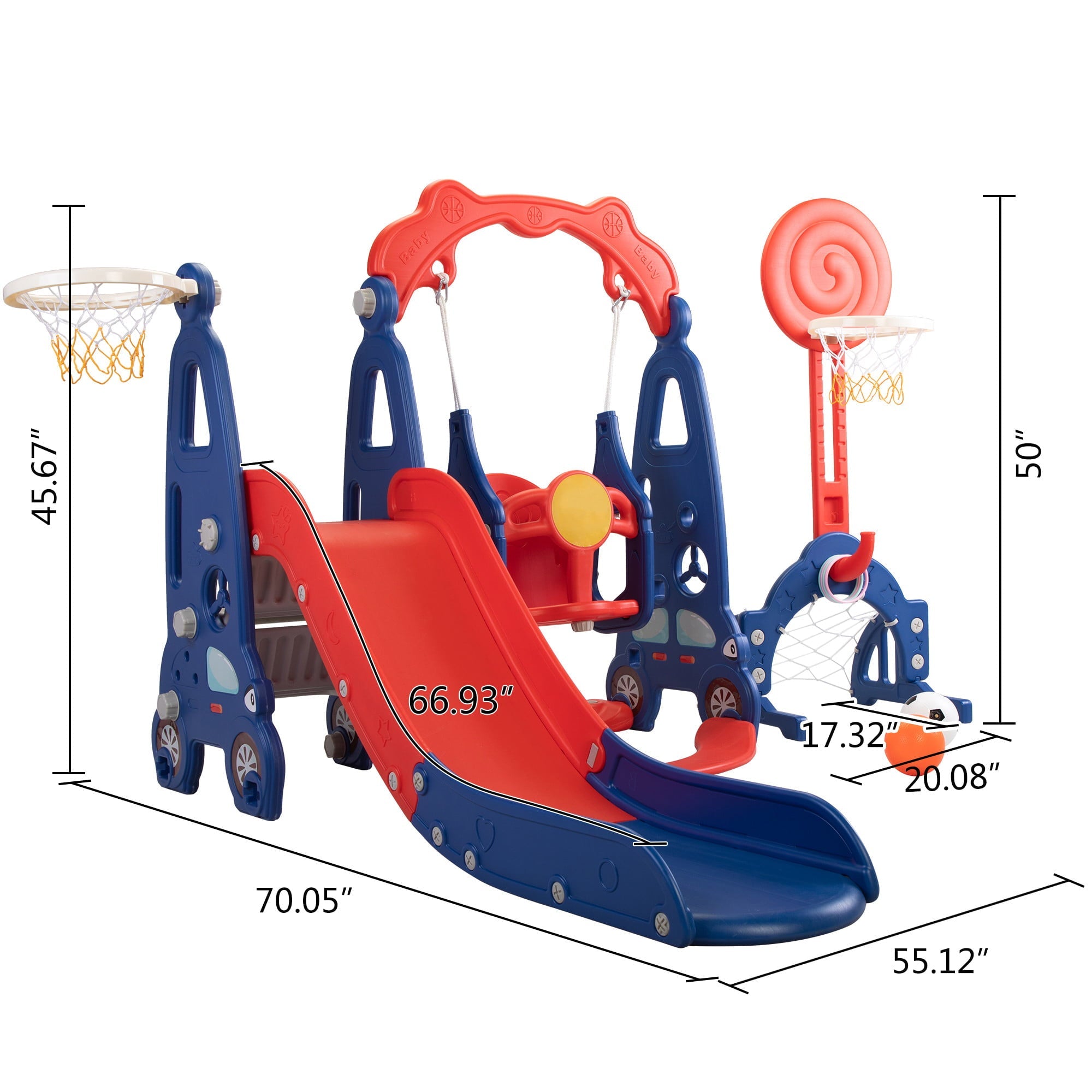 Kids-gift! 5 in 1 Slide and Swing Playing Set, Toddler Extra-Long Slide with 2 Basketball Hoops, Football, Ringtoss, Indoor Outdoor