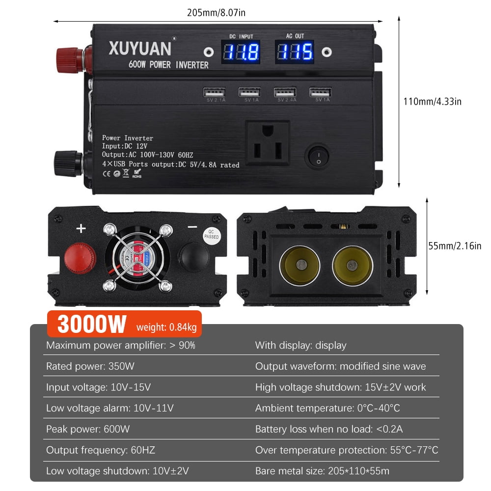 3000W Car Power Inverter Watt DC 12V/24V to AC 110V Vehicle Converter RV Truck