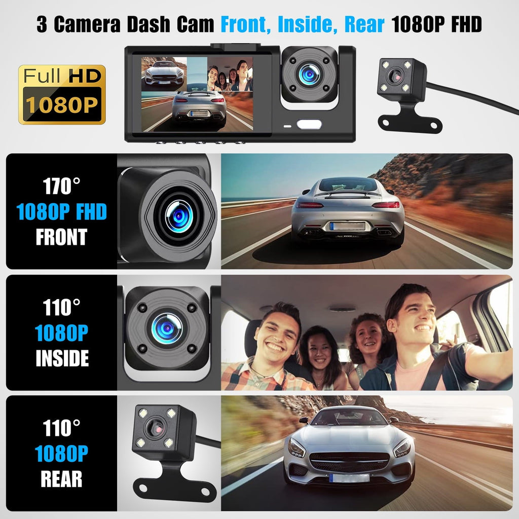Dash Cam Front and Rear, TSV 3 Channel Dual Dash Camera, 1080P Car Camera DVR Backup Cam, 3 Way Triple Dashboard Driving Recorder, Inside IR Night Vision, G-Sensor, Parking Mode