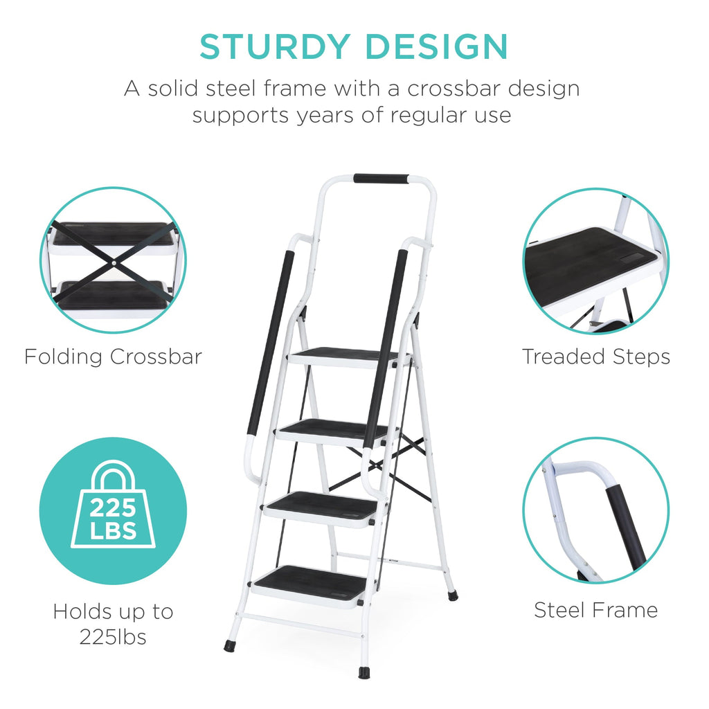 Best Choice Products 4-Step Portable Folding Anti-Slip Steel Ladder w/ Handrails, Attachable Tool Bag
