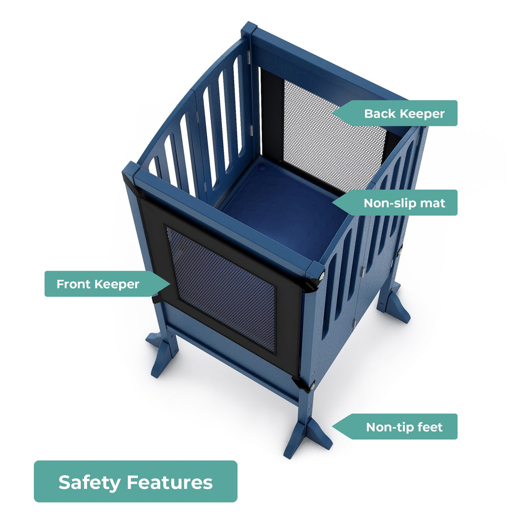 Guidecraft Contemporary Kitchen Helper® Stool - Royal Navy: Folding Toddler Safety Tower with 2 Keepers and Non-Slip Mat, Adjustable Height Step Stool for Little Helpers, Kids Learning Furniture