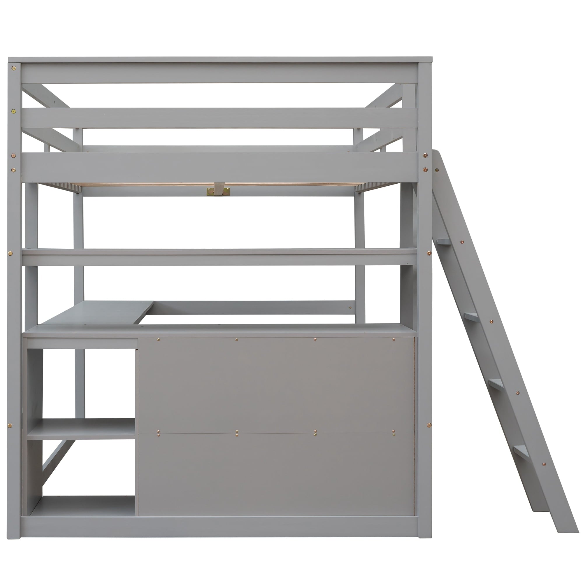 Euroco Full Size Wood Loft Bed with Desk, Shelves and Cabinets for Kids Room, Incline Ladder and 3 Drawers, Gray