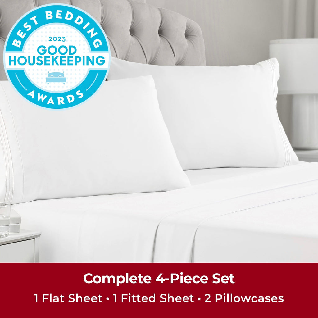 Mellanni Iconic Collection Bed Sheet Set, Hotel Luxury Brushed Microfiber Bedding, Deep Pocket Sheet, 4 Piece, Queen, White