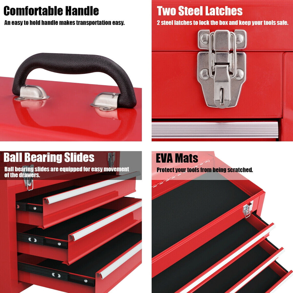 Costway Portable Tool Chest Box Storage Cabinet Garage Mechanic Organizer 3 Drawers Red