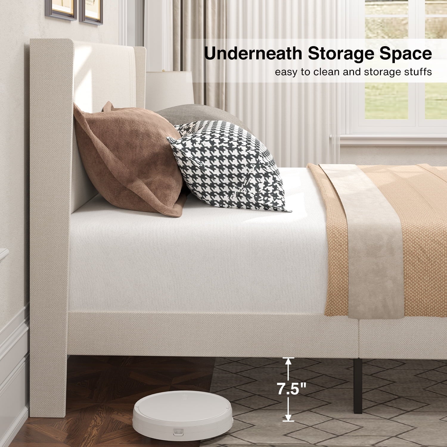 Aiho Queen Bed Frame with Wingback Headboard, Beige