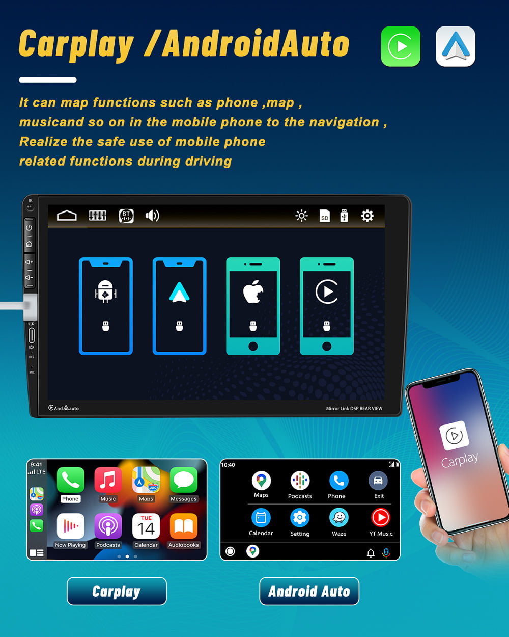 Hongchen Single 1 DIN 9'' Car Stereo Radio Type C Apple Carplay Android Auto Mirror Link HD Touch Screen Car MP5 Multimedia Player Bluetooth FM USB&Microphone(With Backup Camera)