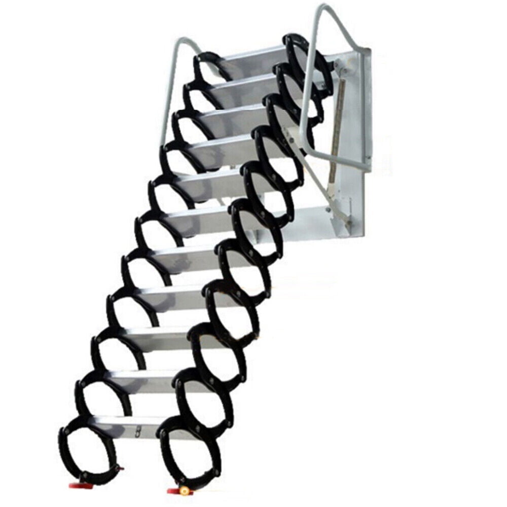 Loft Telescoping Ladder Stairs, 114-122" Wall Mounted Folding Ladder Scissor Structure Collapsible Attic Extendable Stairs,White/Black 12 Steps