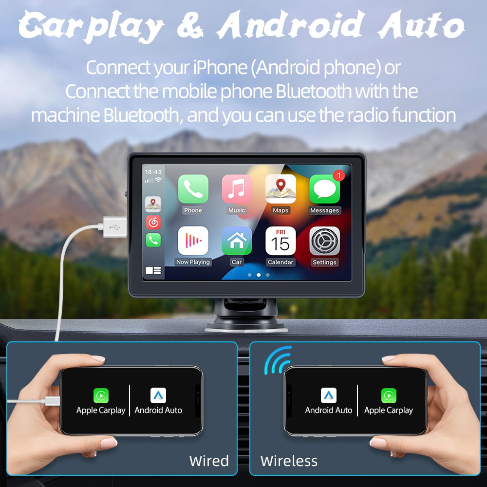 [2023 Newest] Polarlander Portable Wireless Apple Carplay & Android Auto with Steering Wheel Control, 7 inch IPS Touchscreen Car Stereo, Bluetooth Handsfree, WiFi, AirPlay, Dash Windshield Mounted